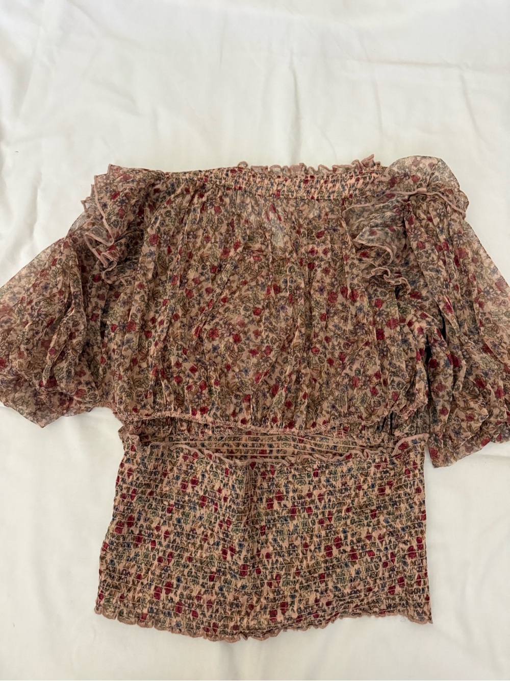 Free People Floral Smocked Peasant Blouse in Brown and Red - Picture 2 of 2
